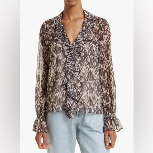 New Ted Baker Bertei Brown Abstract Beaded Trim Ruffle Sheer Blouse - Picture 2 of 10